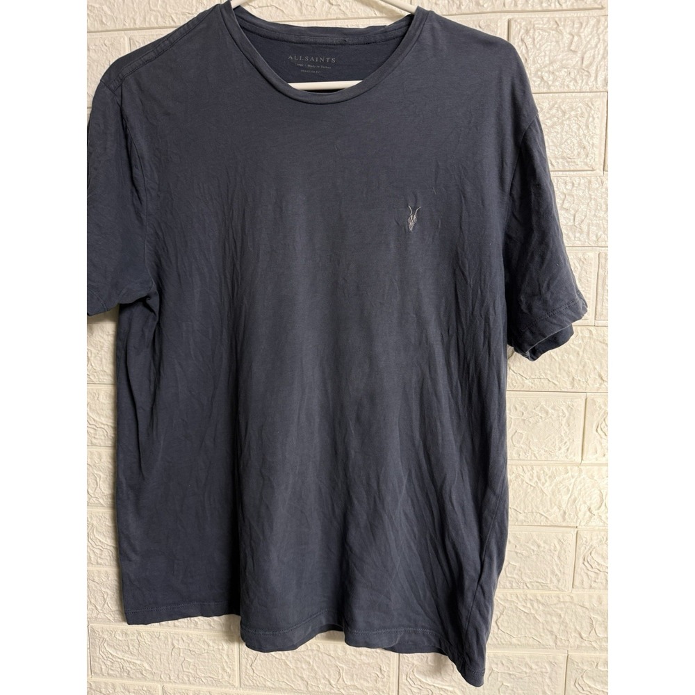 AllSaints Womens Blue Solid Logo Crew T-Shirt Sz L MD102W Made In Turkey